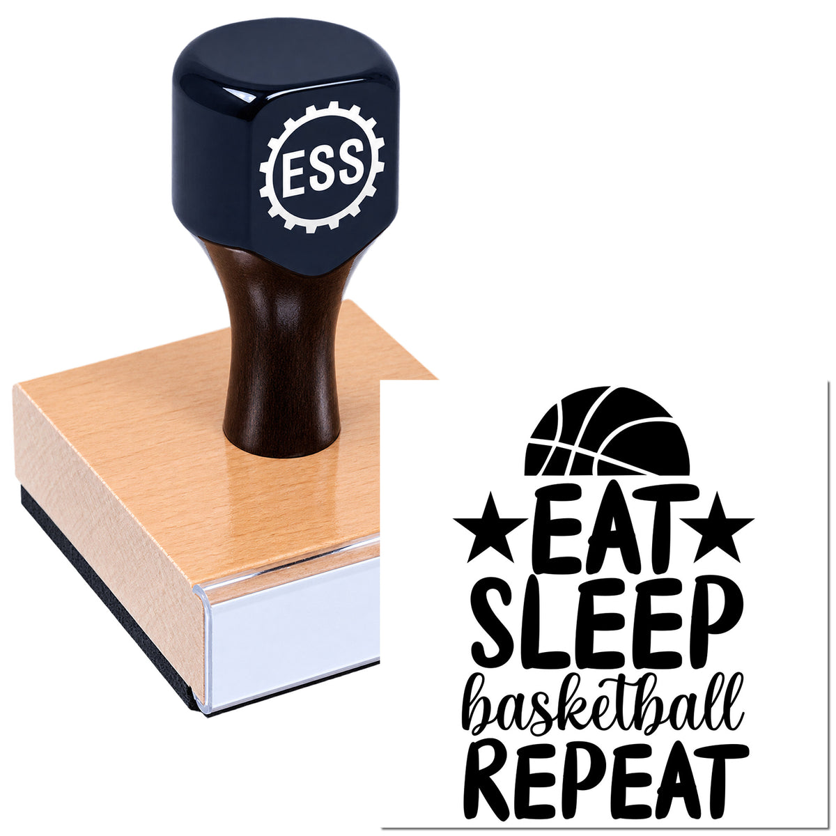 Navy custom stamp and wooden seal block with black basketball EAT SLEEP REPEAT design