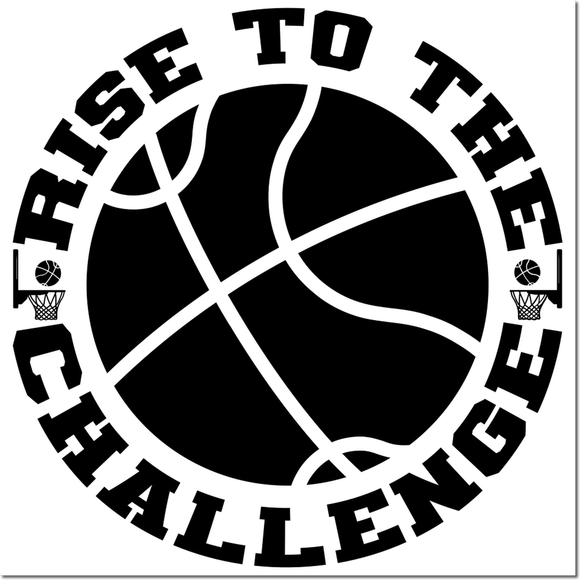 Black basketball-themed stamp seal with hoop icons and curved Rise to the Challenge text on a white background.