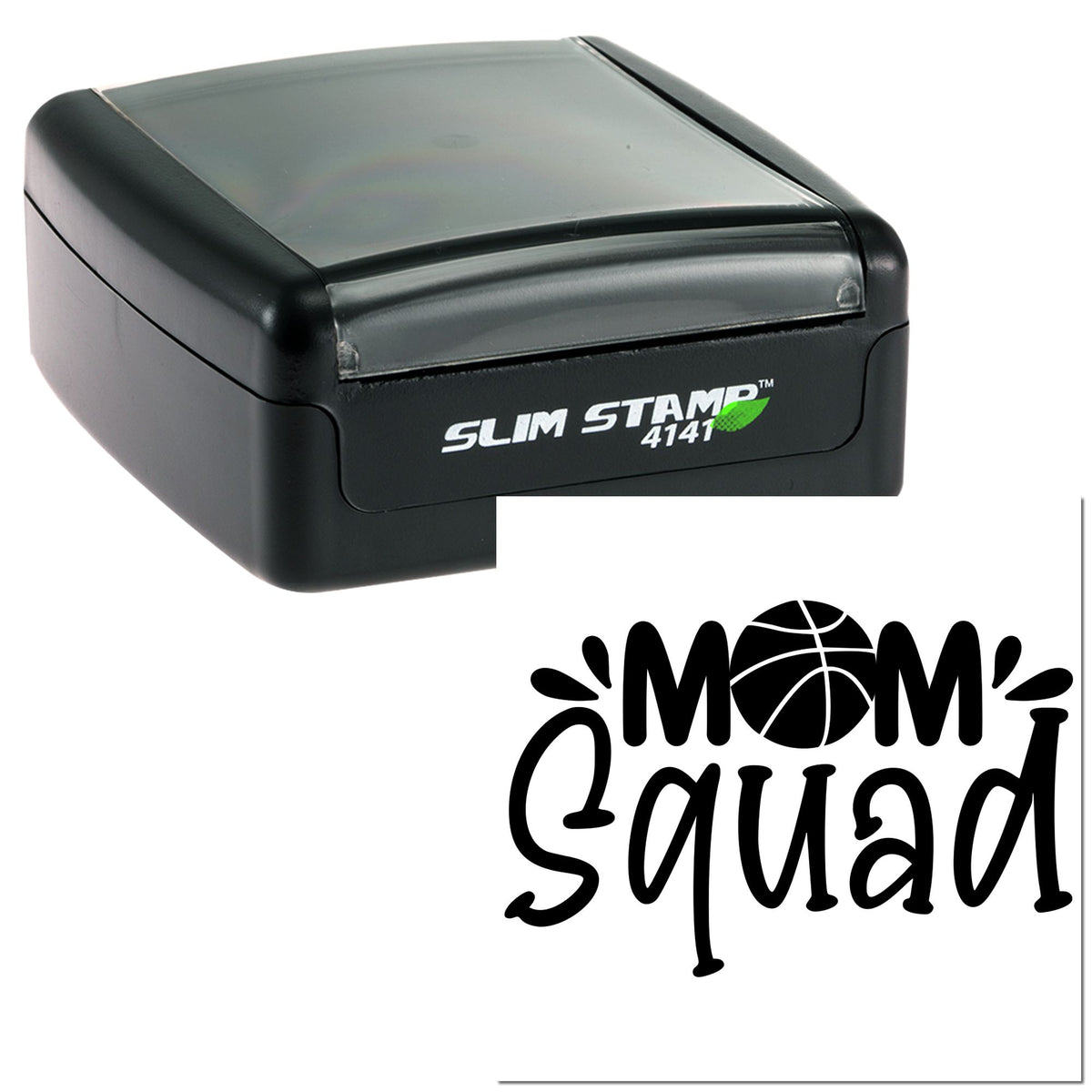 Black Slim Stamp 4141 self-inking stamp with translucent gray lid and Mom Squad logo seal