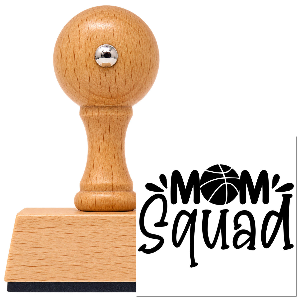 Vintage Pro beech wood stamp with a round knob handle, shown with its black Basketball Mom Squad Lettering imprint on white.