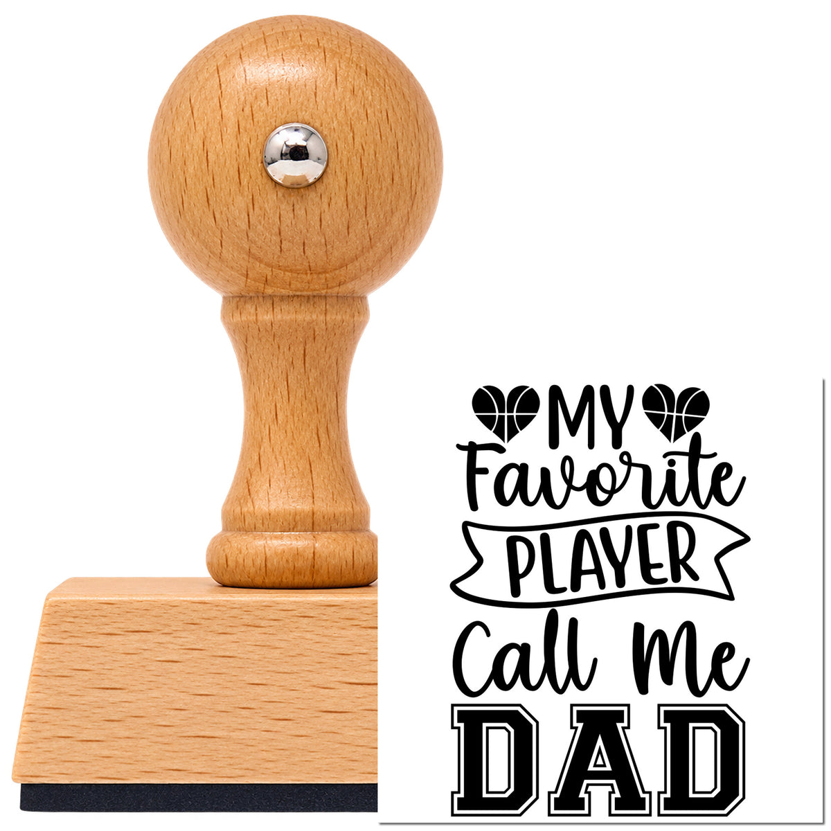 Vintage Pro beech wood stamp with a round knob handle, shown with its black Dad Ribbon With Basketball Hearts imprint on white.