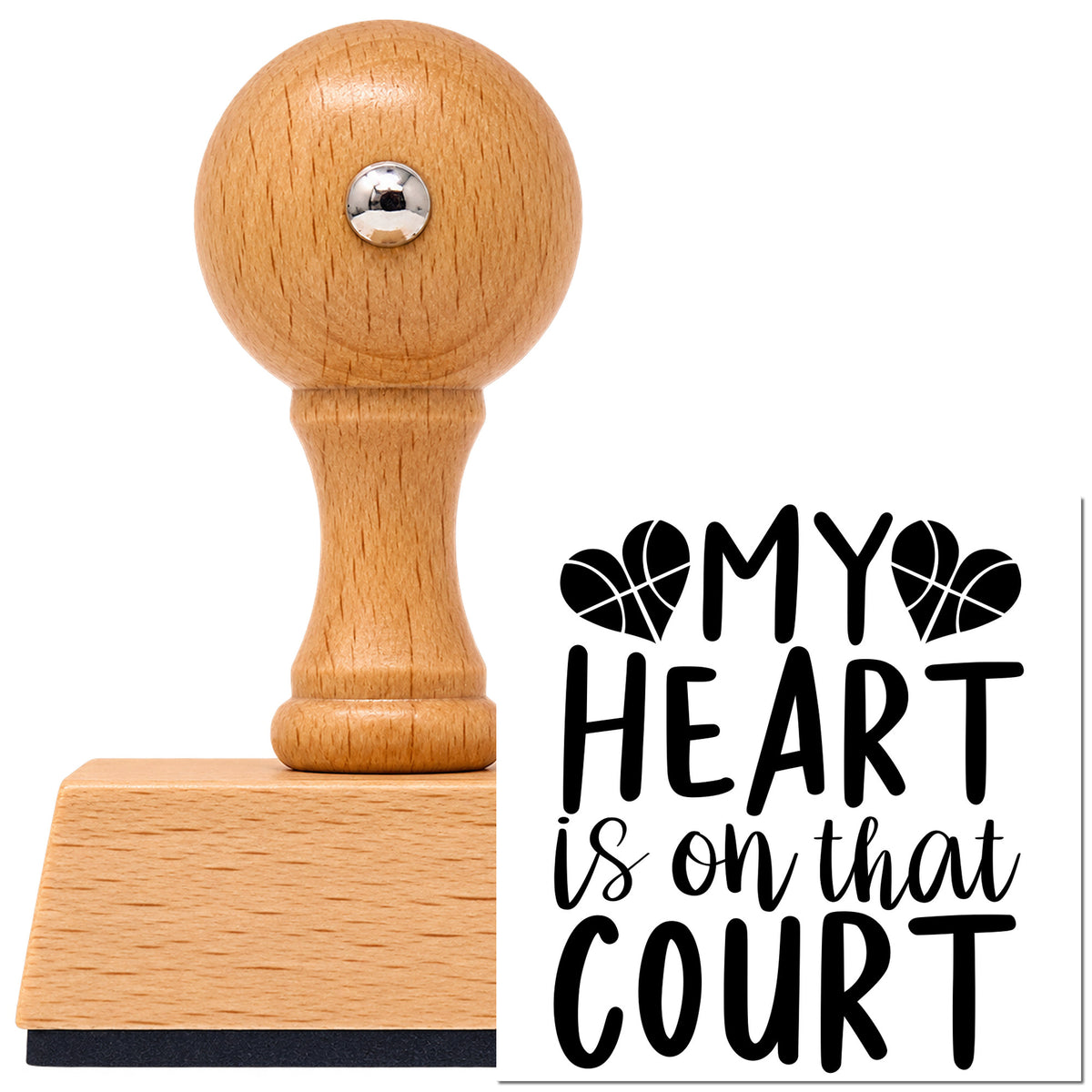 Vintage Pro beech wood stamp with a round knob handle, shown with its black Heart On That Court imprint on white.