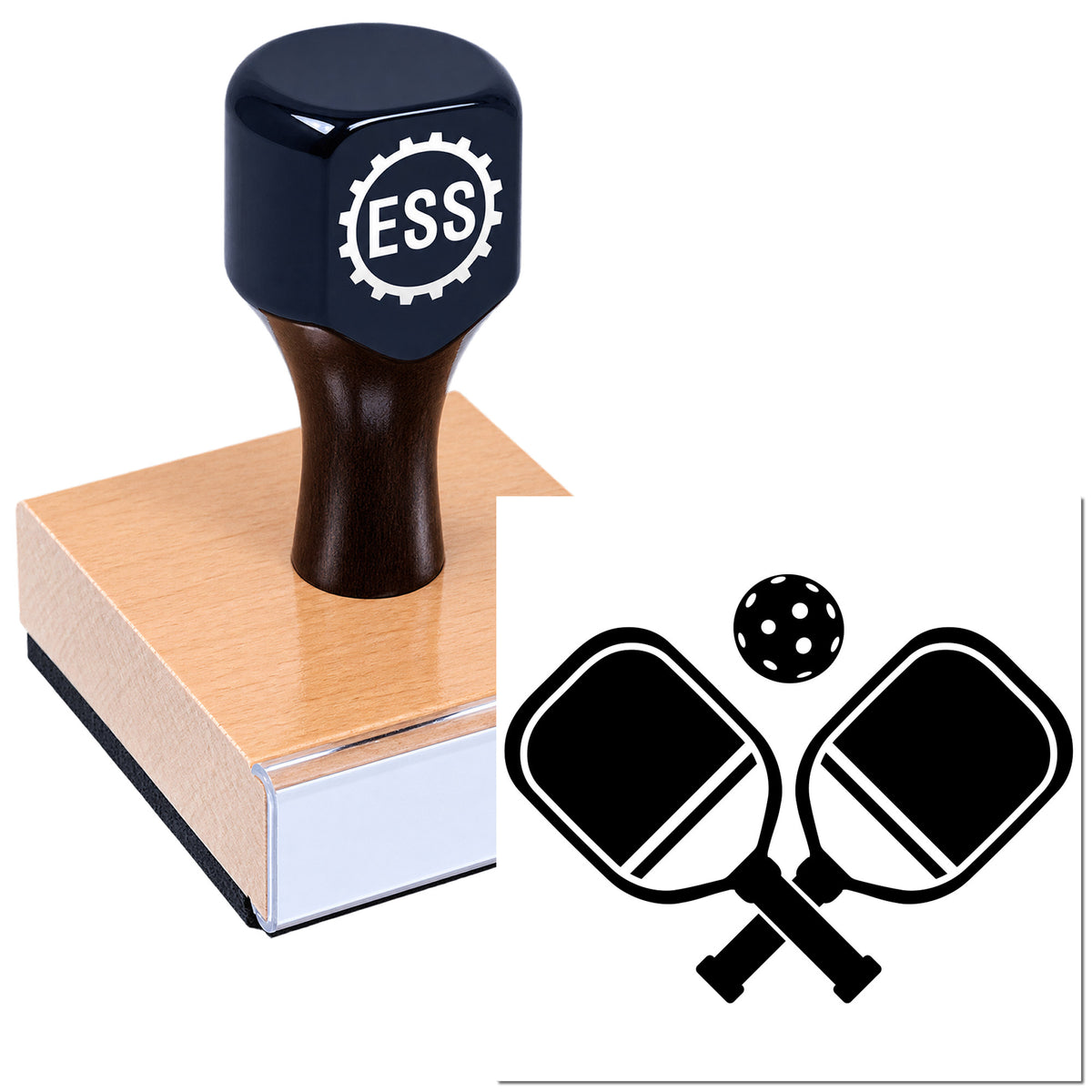 Black ESS rubber stamp and seal with copper base, featuring crossed paddles logo and ball icon.