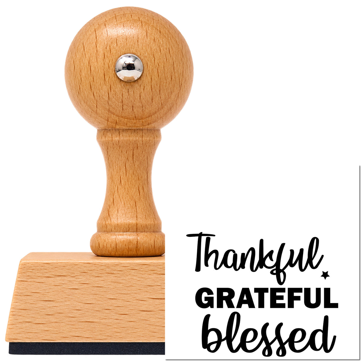 Vintage Pro beech wood stamp with a round knob handle, shown with its black Thankful Grateful Blessed Script imprint on white.