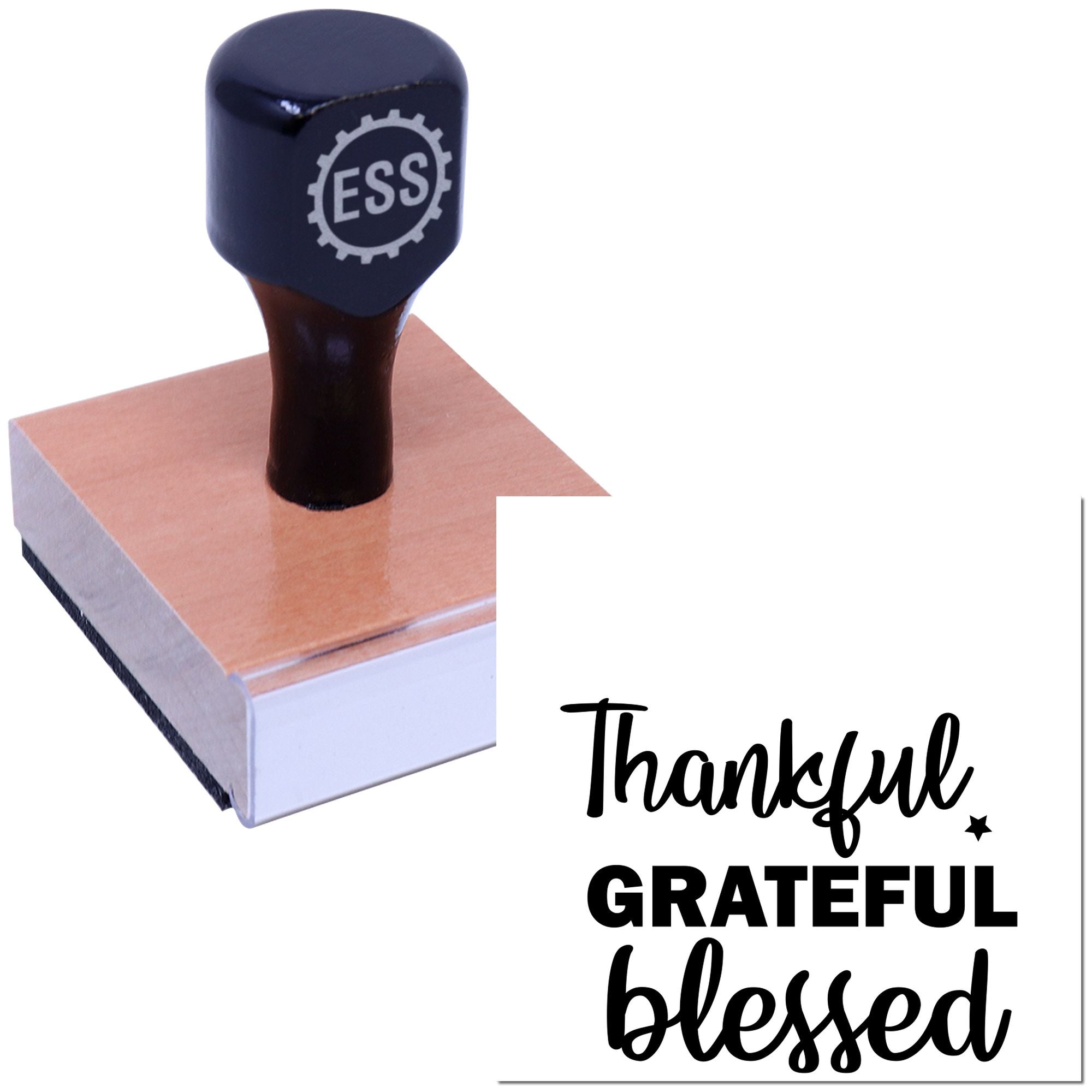 Black ESS stamp and seal on a pink wood block, with sample black Thankful, Grateful, Blessed impression.