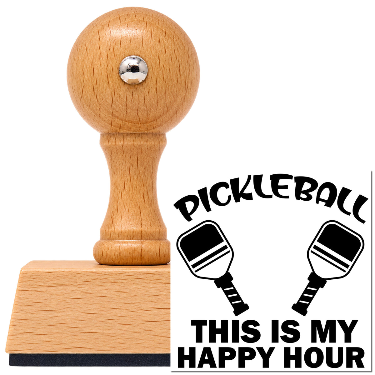 Vintage Pro beech wood stamp with a round knob handle, shown with its black Pickleball This Is My Happy Hour imprint on white.