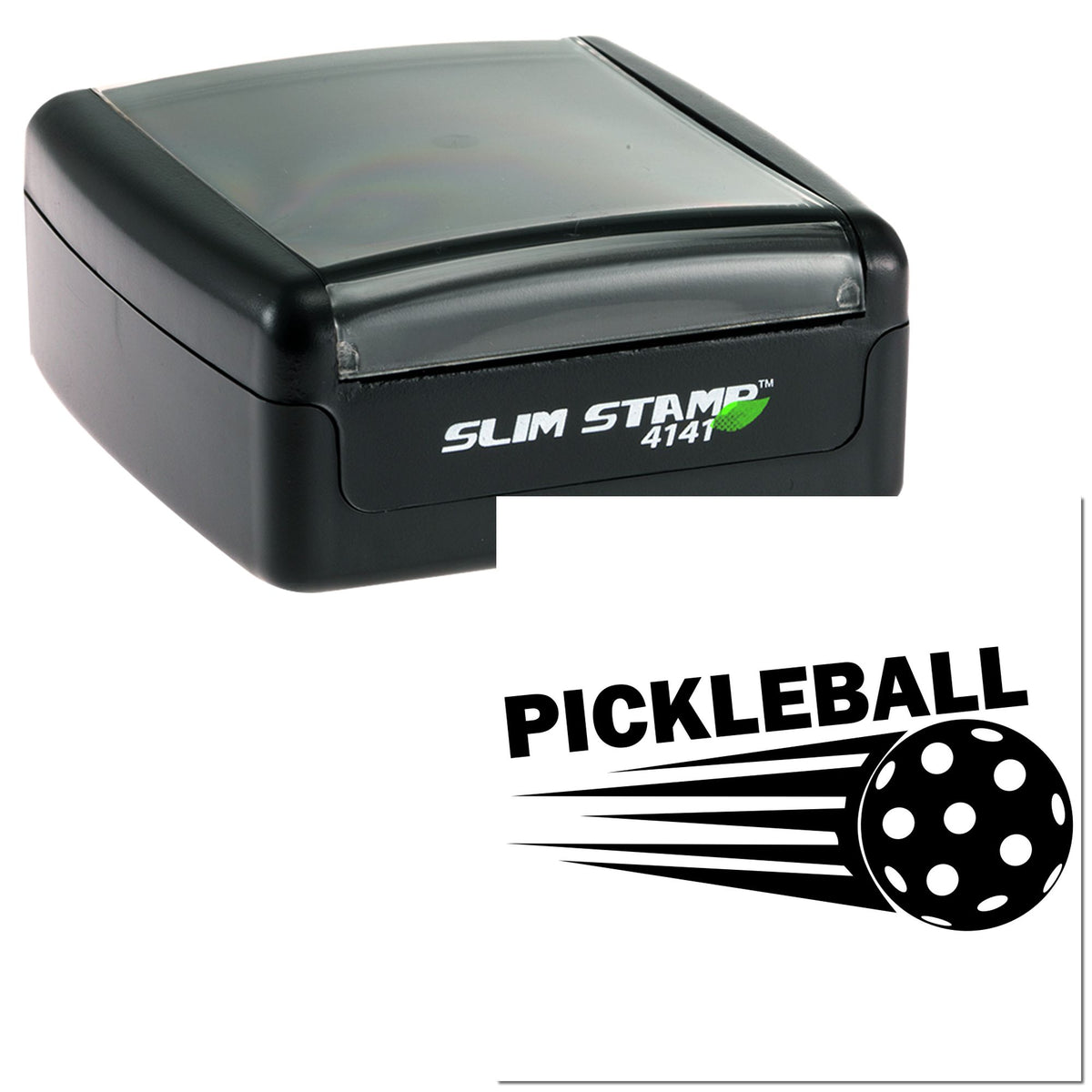 Black slim self-inking stamp seal with translucent gray lid and Pickleball logo in black and white.