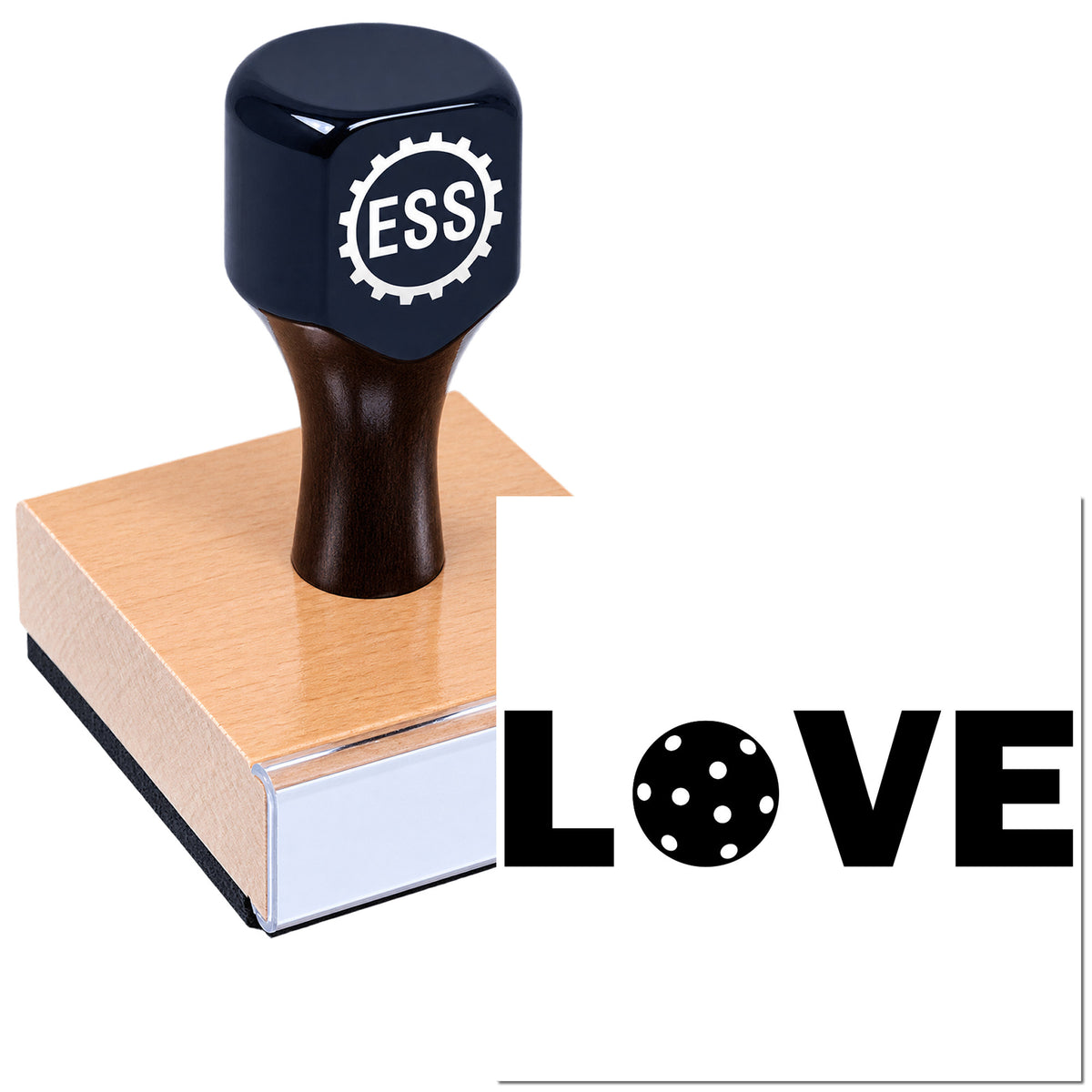 Black ESS stamp and seal on copper base beside bold black LOVE text on white background