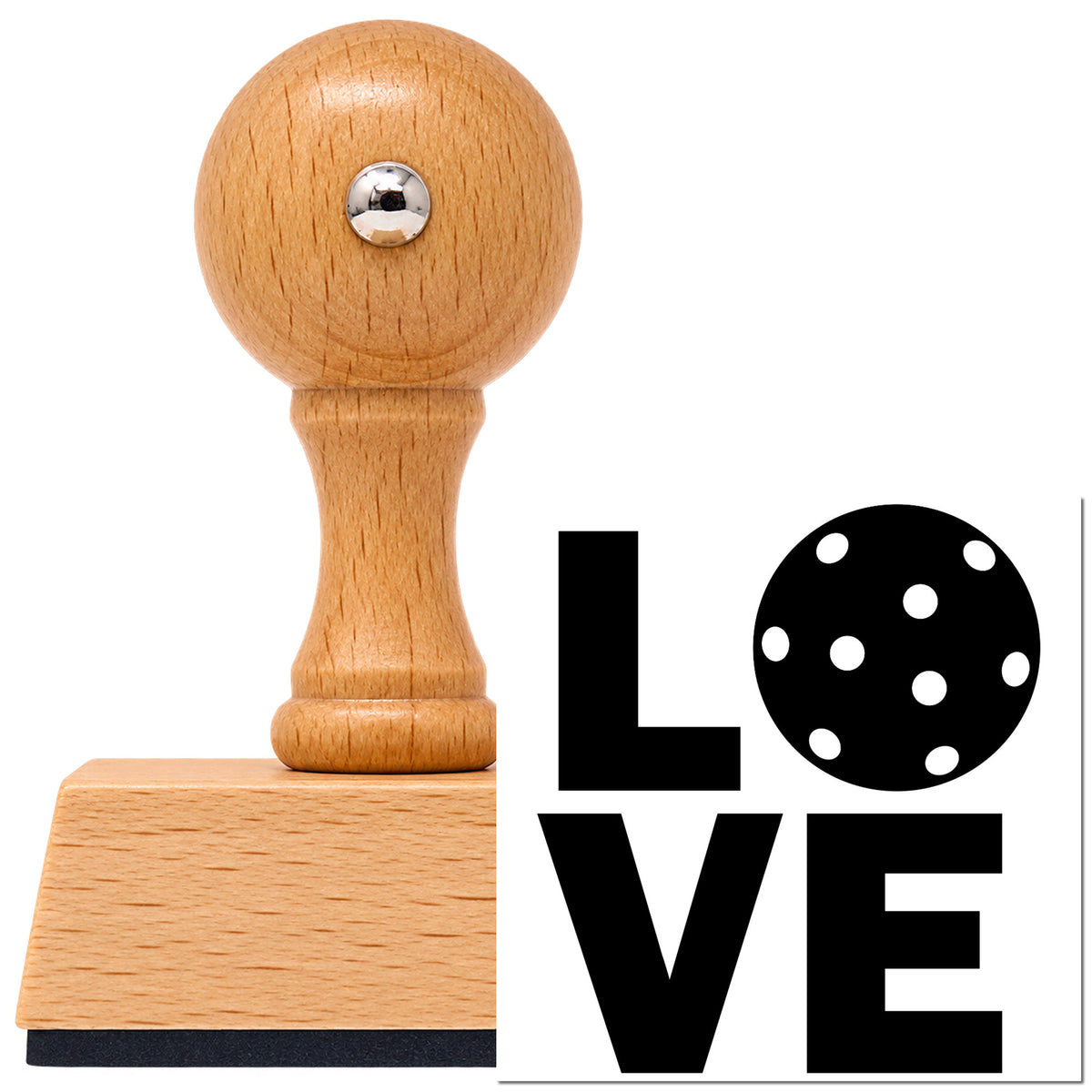 Vintage Pro beech wood stamp with a round knob handle, shown with its black Stacked Love Pickleball Ball imprint on white.