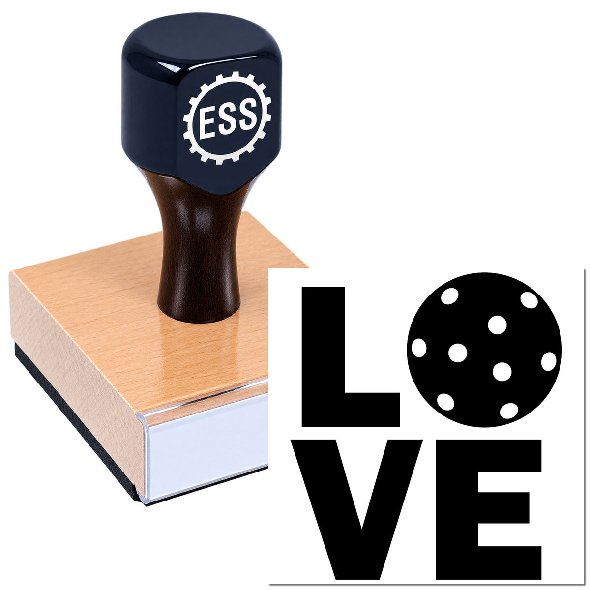 Dark navy rubber stamp with ESS gear logo on a pink seal block beside bold black LOVE graphic.