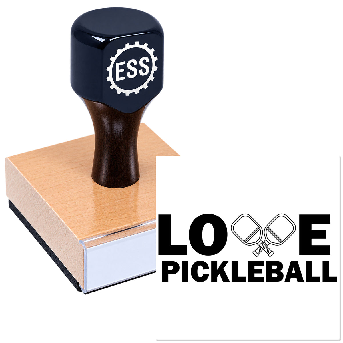 Navy ESS custom stamp and seal on a copper-toned wooden block, with LOE Pickleball logo on a white background.