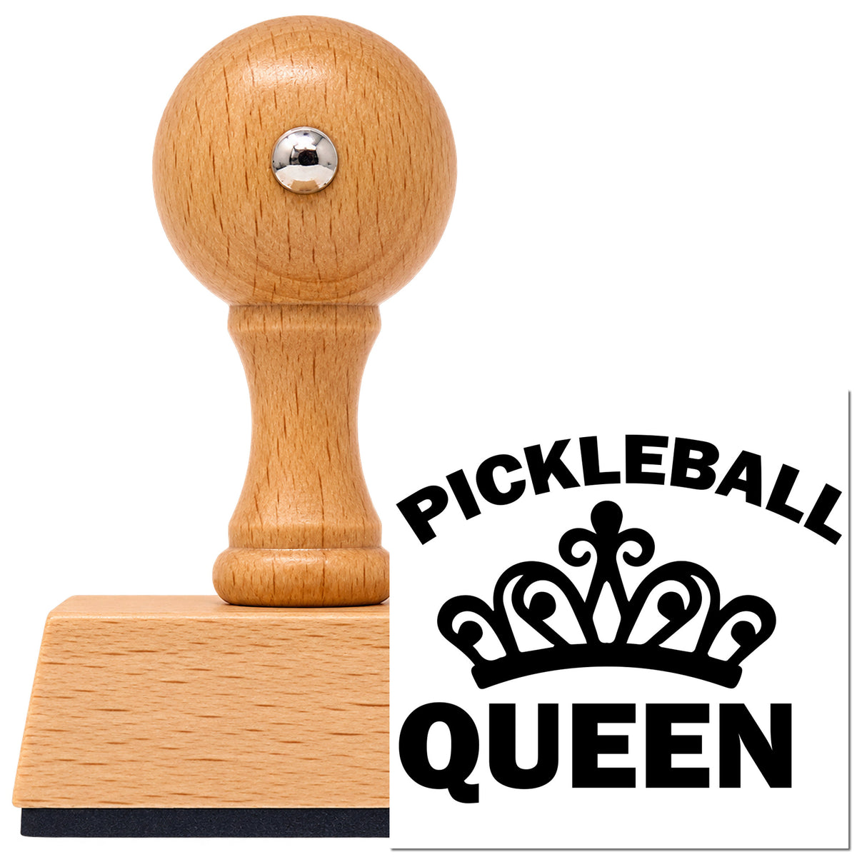 Vintage Pro beech wood stamp with a round knob handle, shown with its black Pickleball Queen Crown imprint on white.