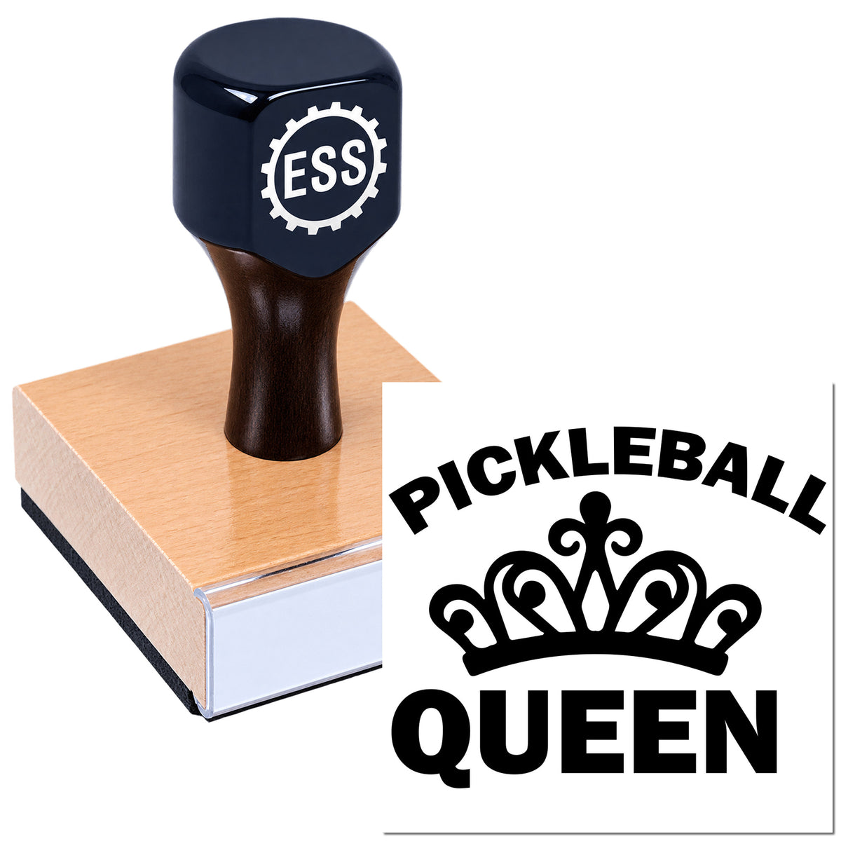 Dark navy ESS custom stamp on pink base with Pickleball Queen black crown seal graphic.