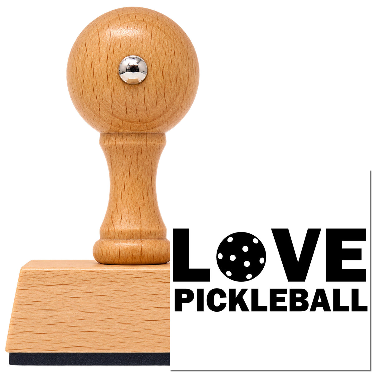 Vintage Pro beech wood stamp with a round knob handle, shown with its black Pickleball Love Ball Typography imprint on white.