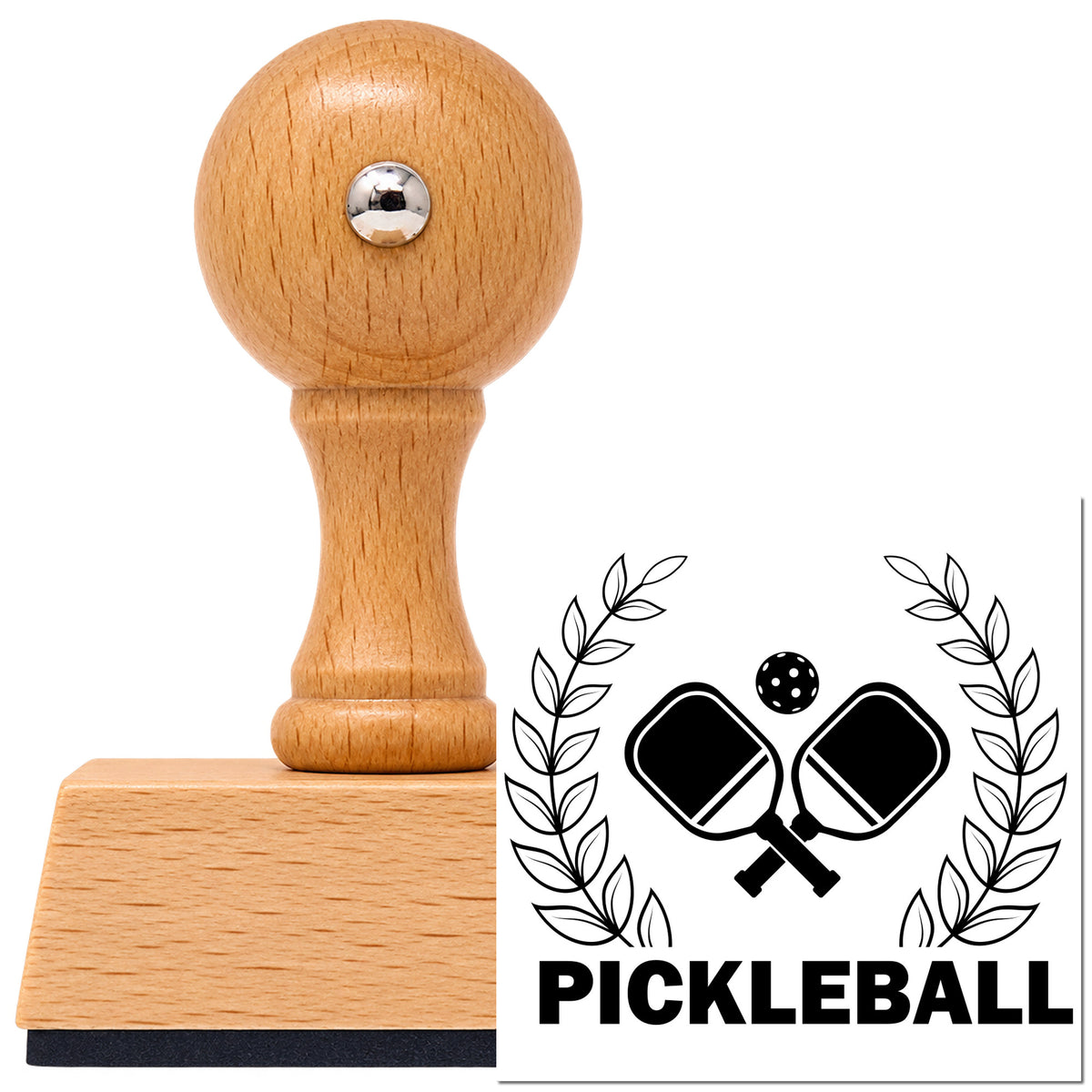 Vintage Pro beech wood stamp with a round knob handle, shown with its black Pickleball Laurel Paddle Badge imprint on white.