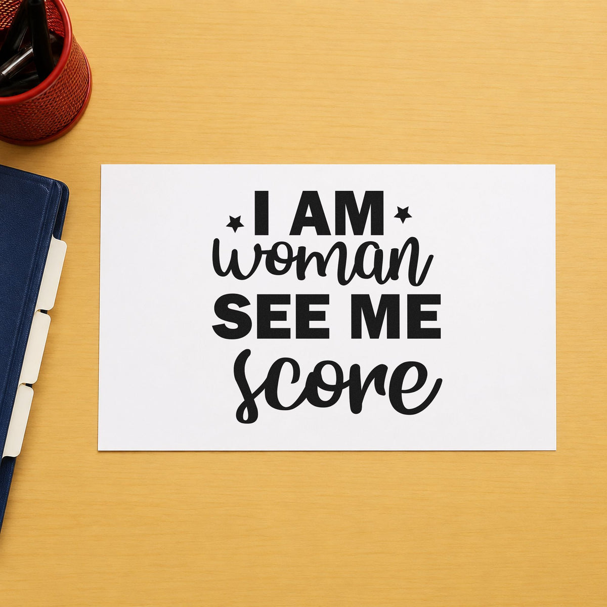 Woman See Me Score craft stamp imprint in black ink on a handmade project, one idea being welcome bag gift tags.