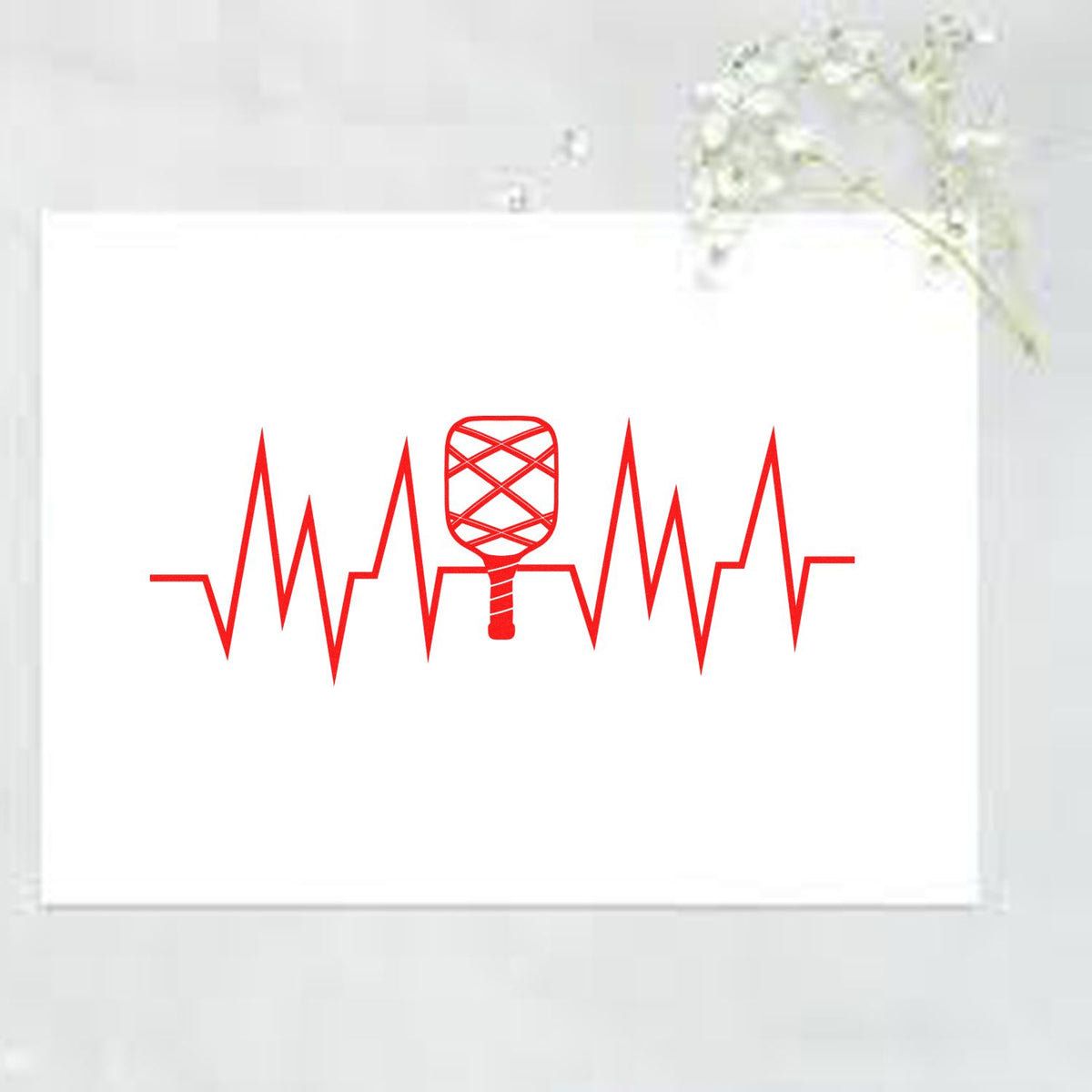 Red stamp and seal design with heartbeat line on a white card, accented by delicate white flowers.
