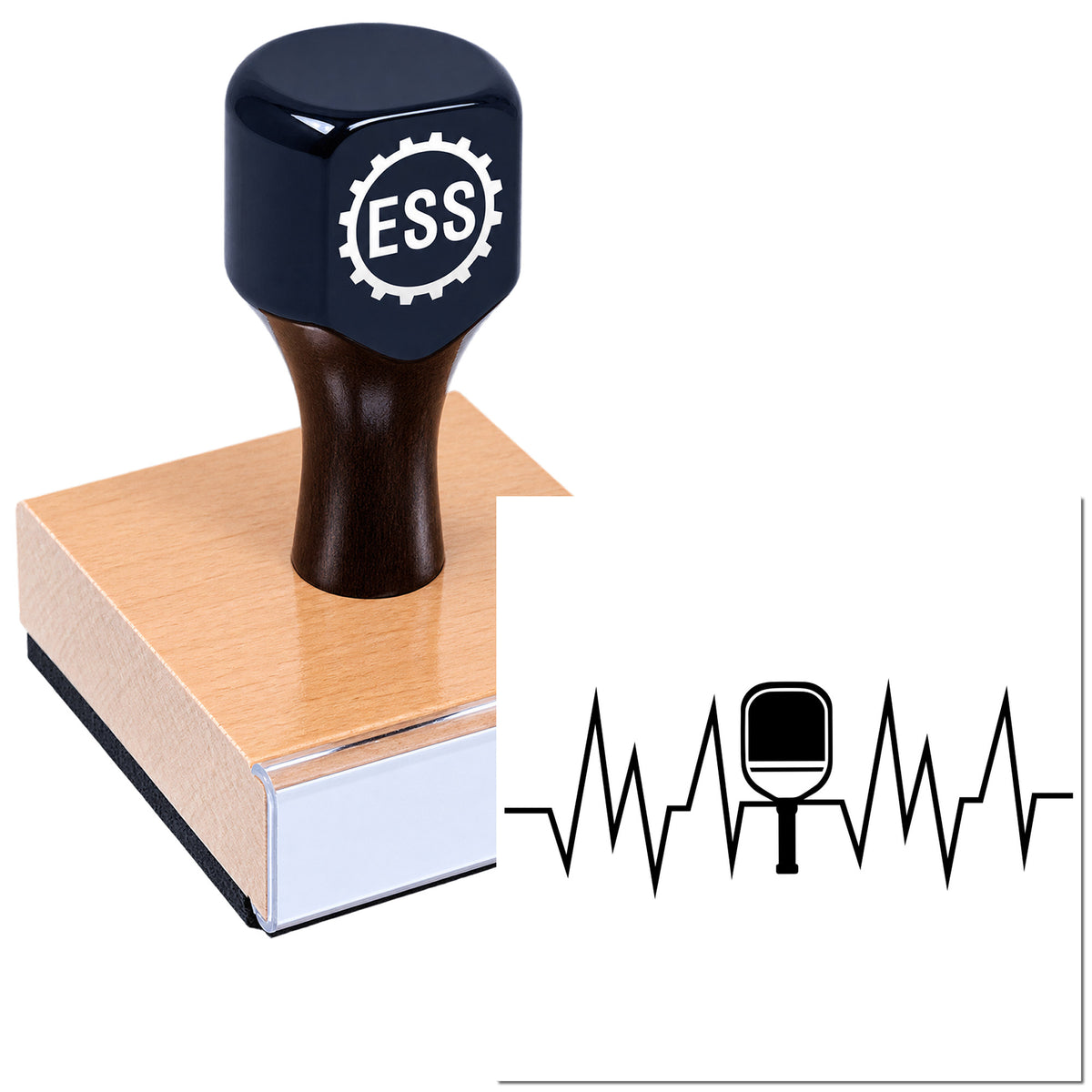 Black ESS stamp and seal with navy handle on a copper-toned wooden base against a white background.