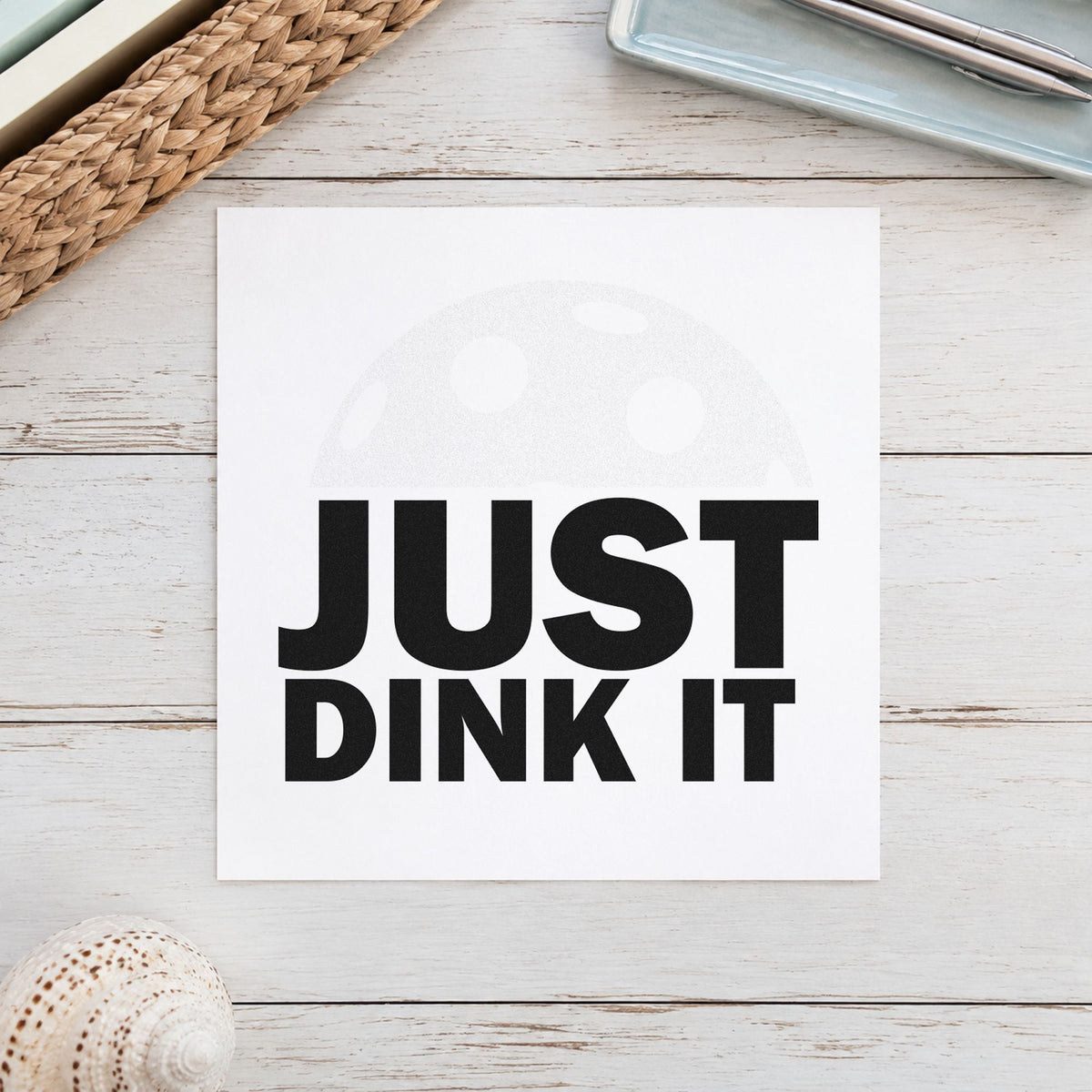 Just Dink It Ball craft stamp imprint in black ink on a handmade project, one idea being target set gift tags.