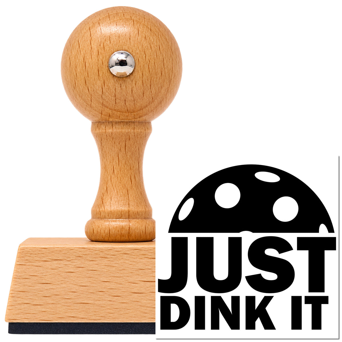 Vintage Pro beech wood stamp with a round knob handle, shown with its black Just Dink It Ball imprint on white.