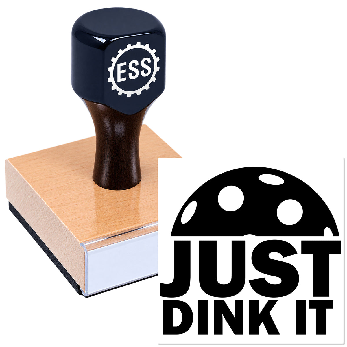 Dark navy stamp and seal product with ESS logo on a wooden block, beside a black JUST DINK IT seal graphic.