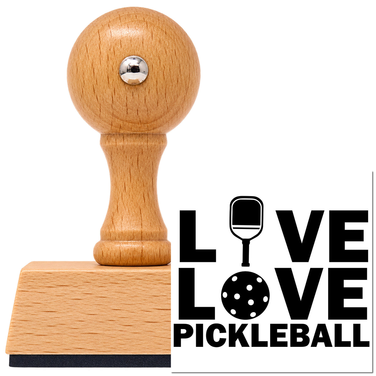 Vintage Pro beech wood stamp with a round knob handle, shown with its black Live Love Pickleball Icons Paddle imprint on white.