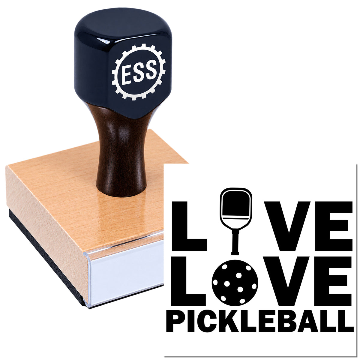 Black ESS rubber stamp and seal on copper block with LOVE PICKLEBALL graphic, paddle and pickleball icons.