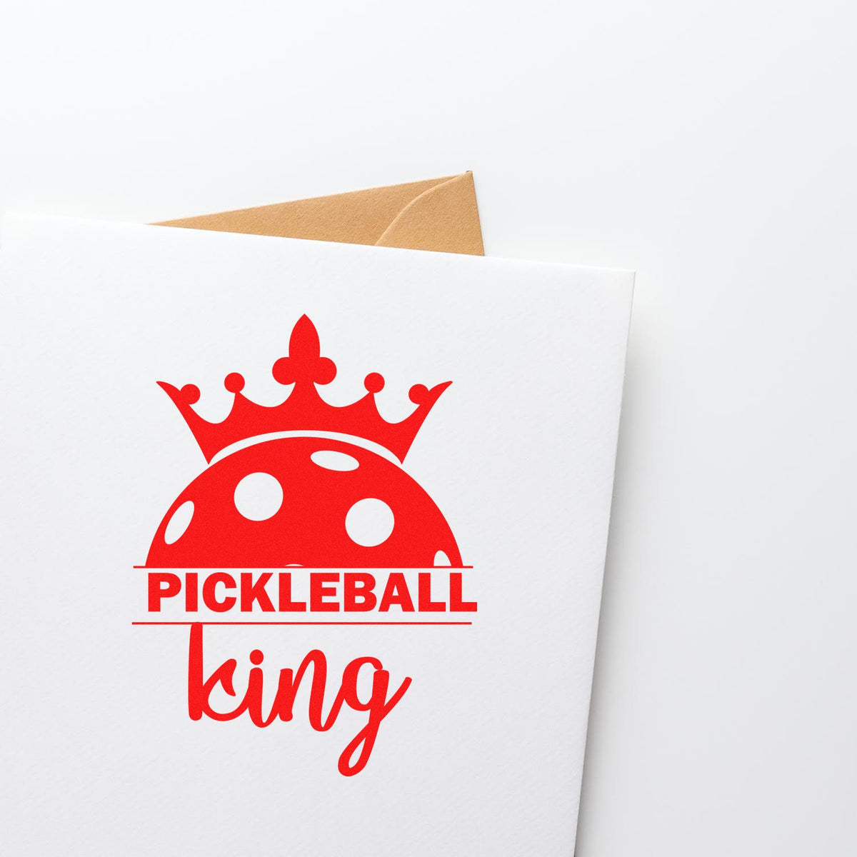 Red Pickleball King crown stamp on white card with tan envelope, bold red lettering and seal-style logo.