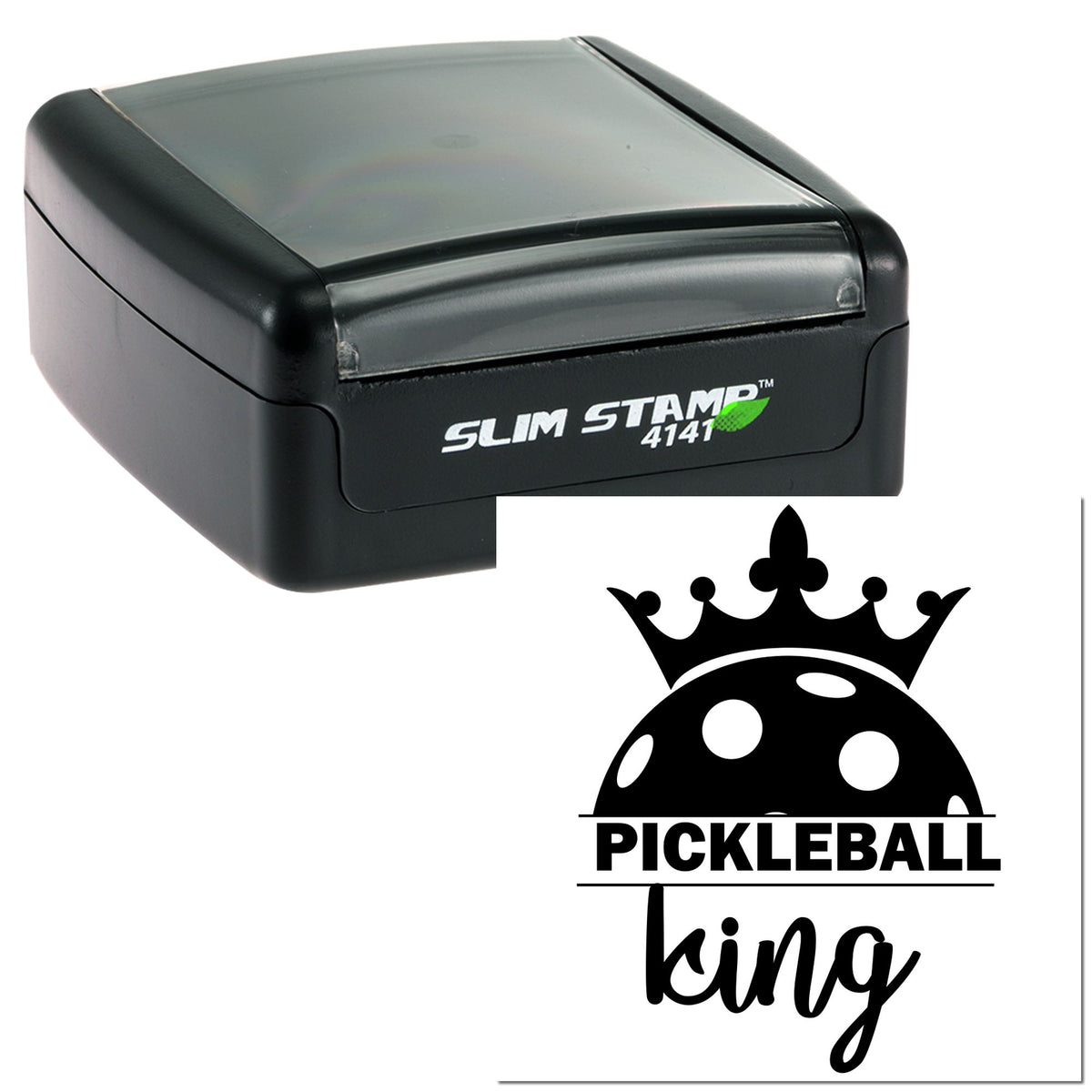 Black Slim Stamp 4141 self-inking stamp with clear cap, showing a Pickleball King crown seal in black and white.