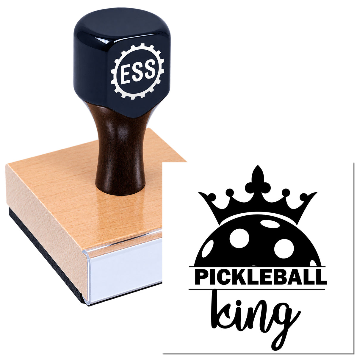 Black rubber stamp and seal on wooden block with Pickleball King crown and pickleball logo.