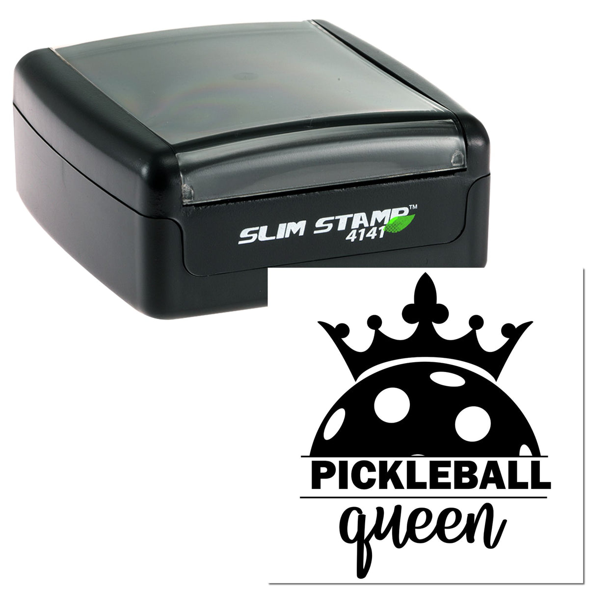 Black Slim Stamp self-inking stamp with Pickleball Queen crown seal design on a white background.