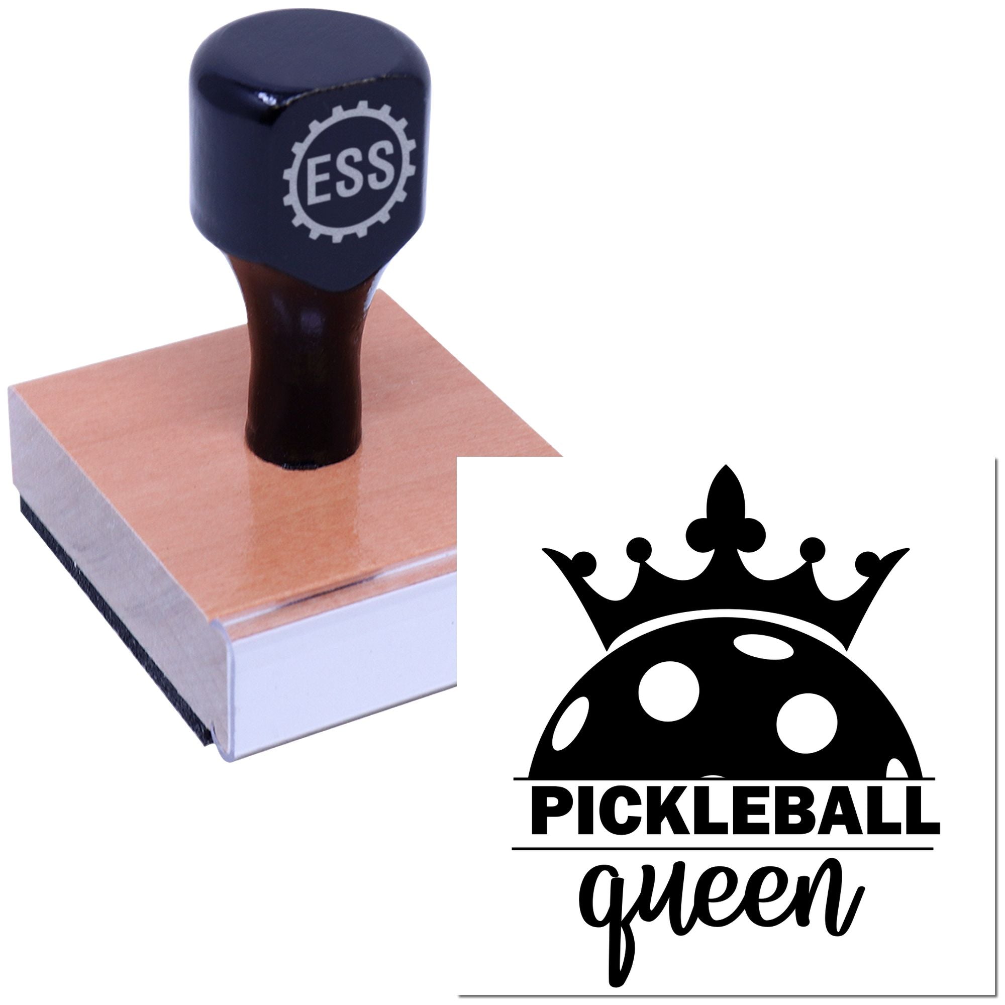 Navy rubber stamp and seal with ESS logo, paired with a black Pickleball Queen crown seal on a light wood block.