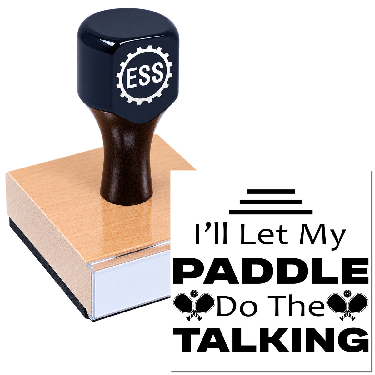 Black ESS custom stamp and seal on a pink wood block with "I'll Let My PADDLE Do The TALKING" text and paddle icons.