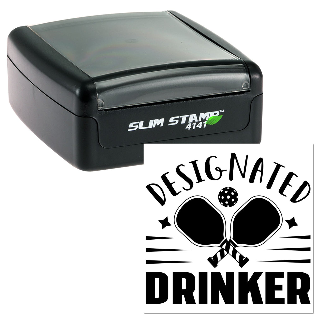 Black and gray slim self-inking stamp with custom seal design, crossed rackets, and bold DESIGNED DRINKER text.