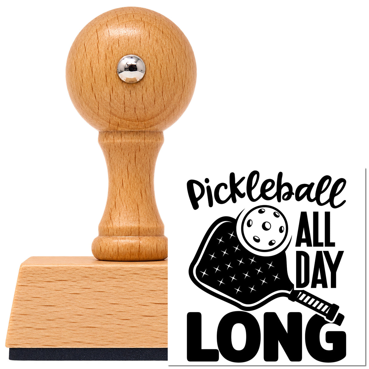 Vintage Pro beech wood stamp with a round knob handle, shown with its black Pickleball All Day Long Paddle imprint on white.