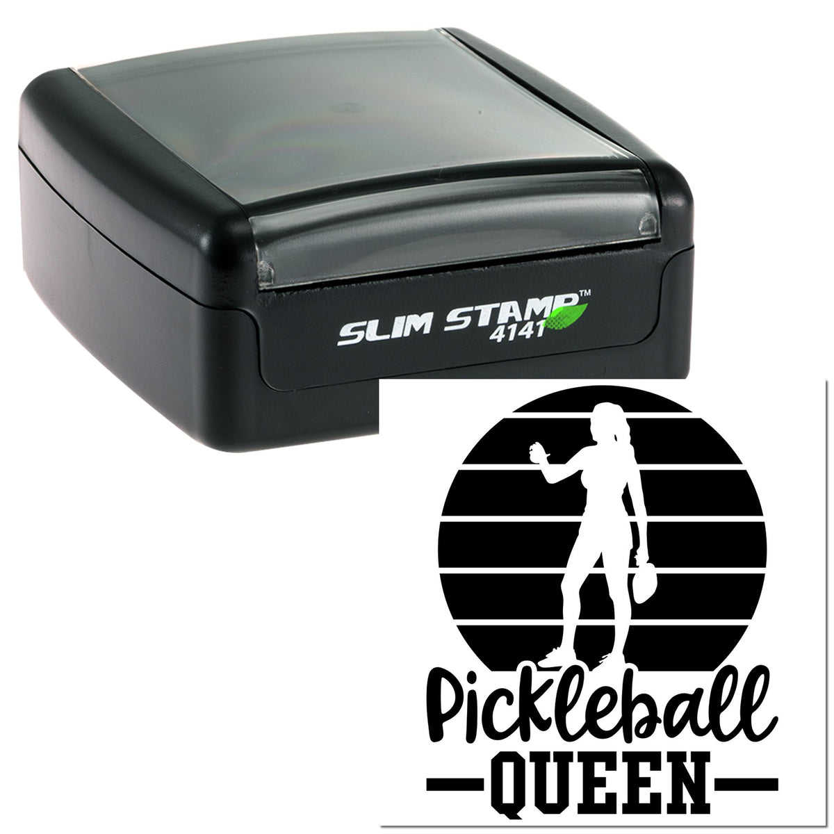 Black slim self-inking stamp with a black-and-white Pickleball Queen seal design and silhouette logo.