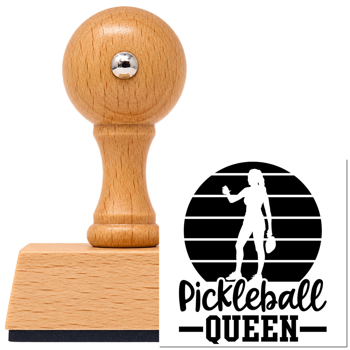 Vintage Pro beech wood stamp with a round knob handle, shown with its black Pickleball Queen Player Silhouette Paddle imprint on white.