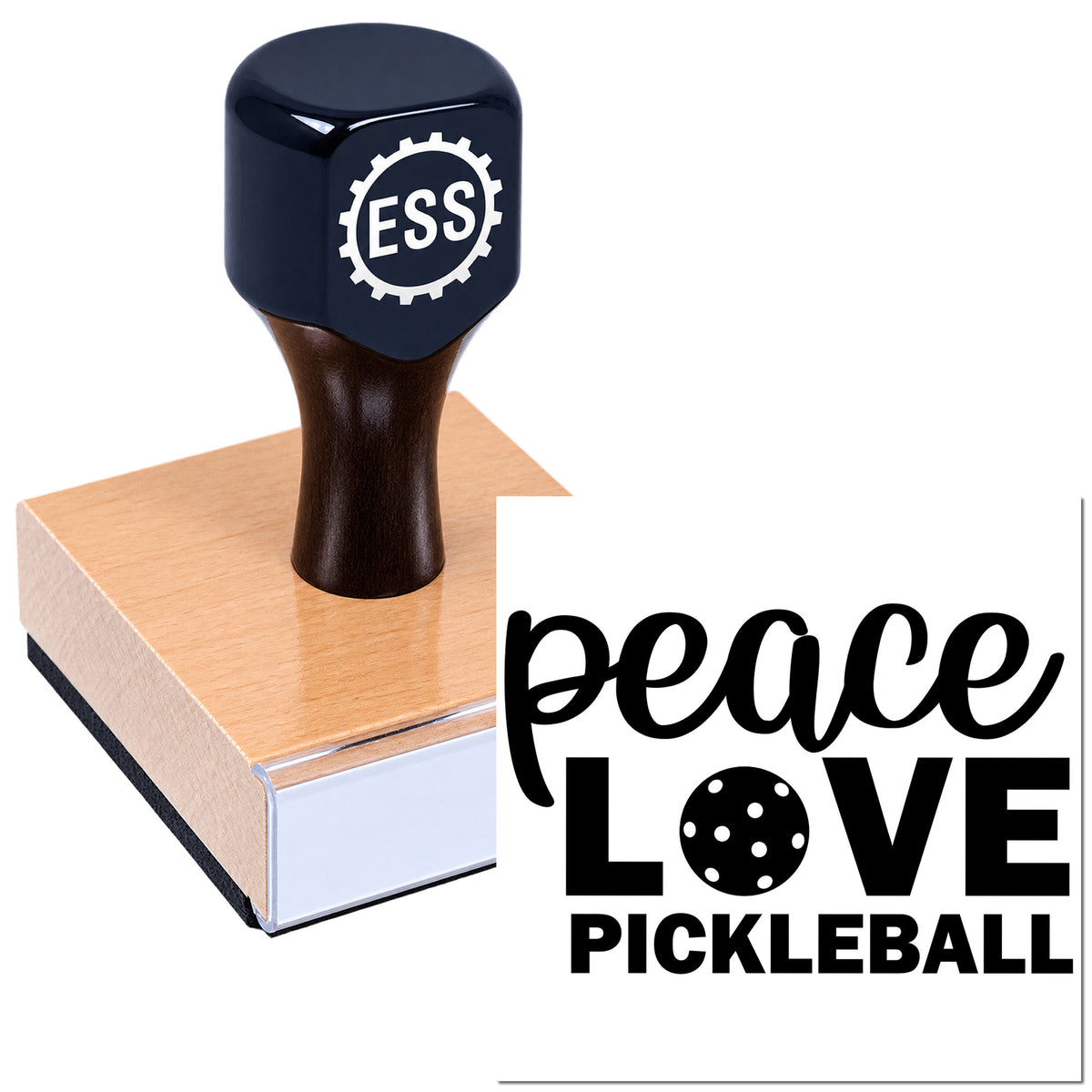 Black ESS seal stamp on a wooden base with "peace love pickleball" design in bold black text.