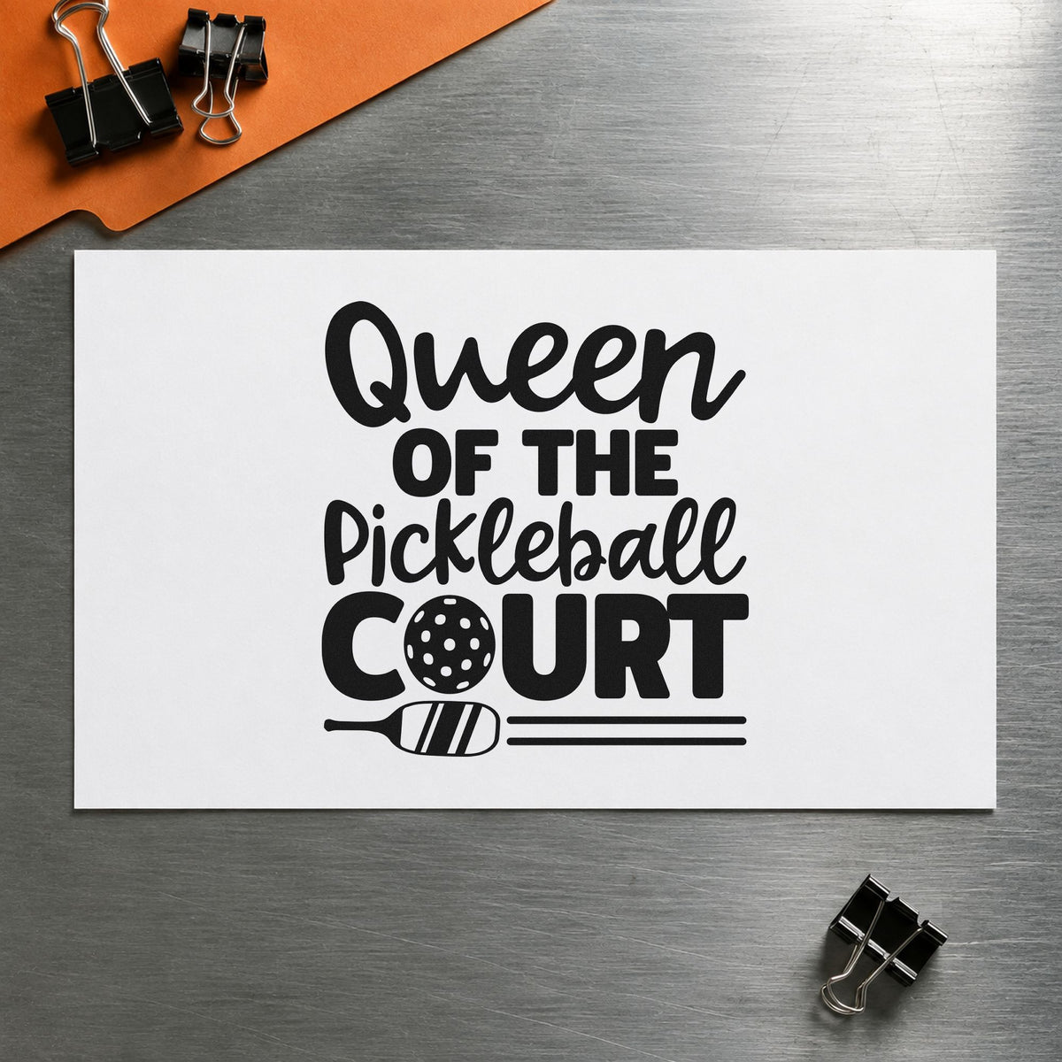 Queen Of Pickleball Court rubber stamp printed in black ink, ready for play date sheet and similar paper crafts.