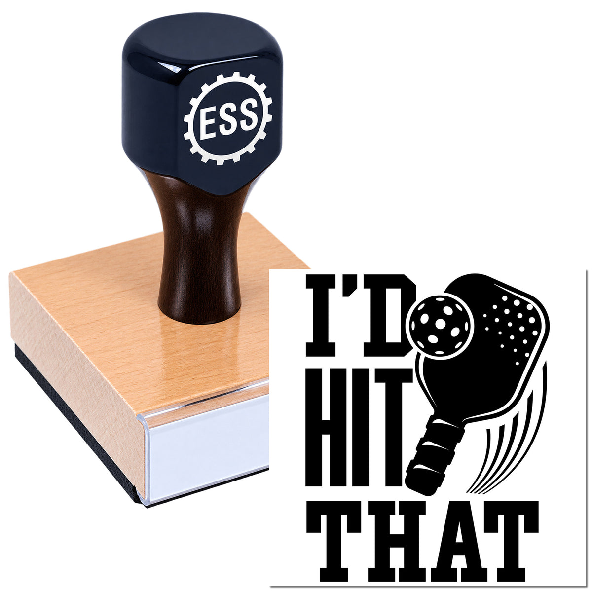 Black ESS gear-shaped stamp on a tan seal block, with ID THAT logo on white background.