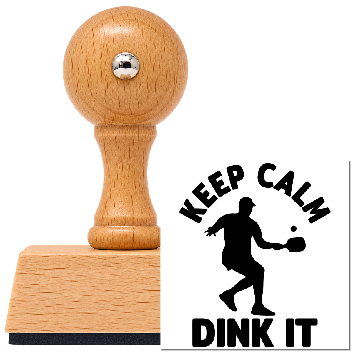 Vintage Pro beech wood stamp with a round knob handle, shown with its black Keep Calm Dink It imprint on white.