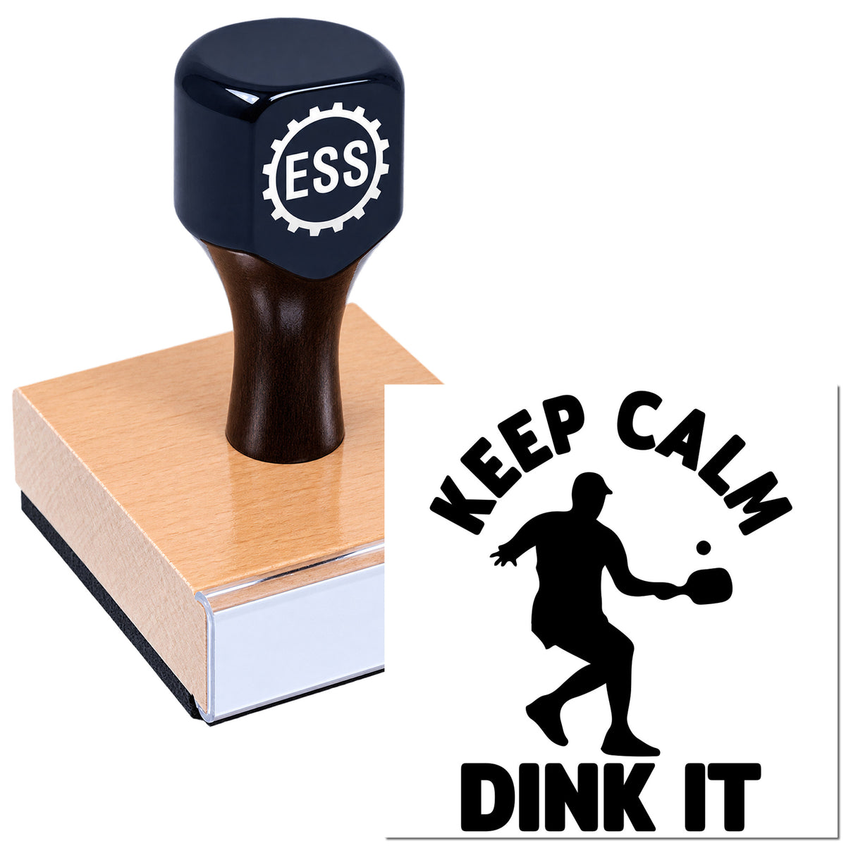 Black ESS custom stamp and seal handle on a pink seal block beside a Keep Calm Dink It logo.
