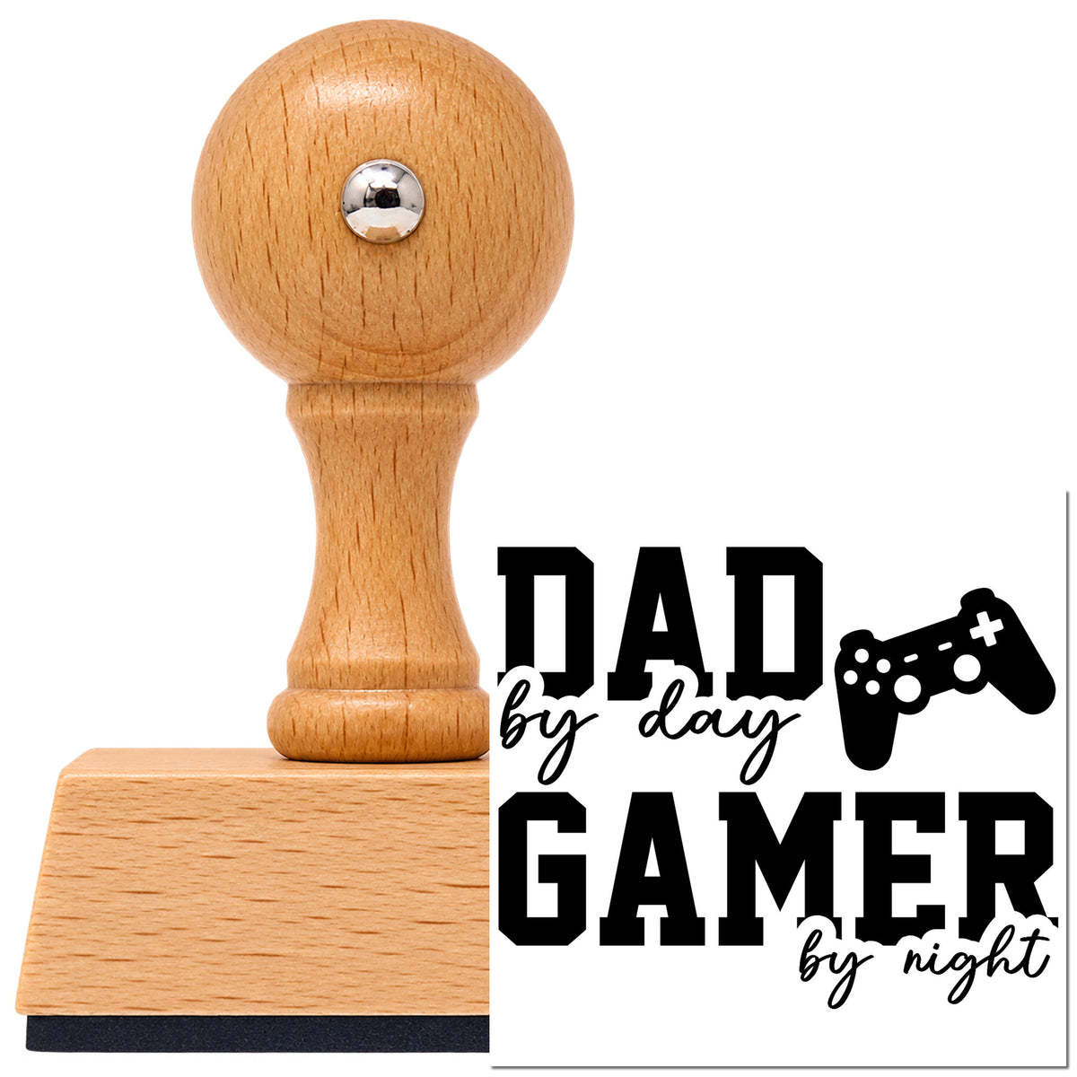 Vintage Pro beech wood stamp with a round knob handle, shown with its black Dad By Day Gamer By Night imprint on white.