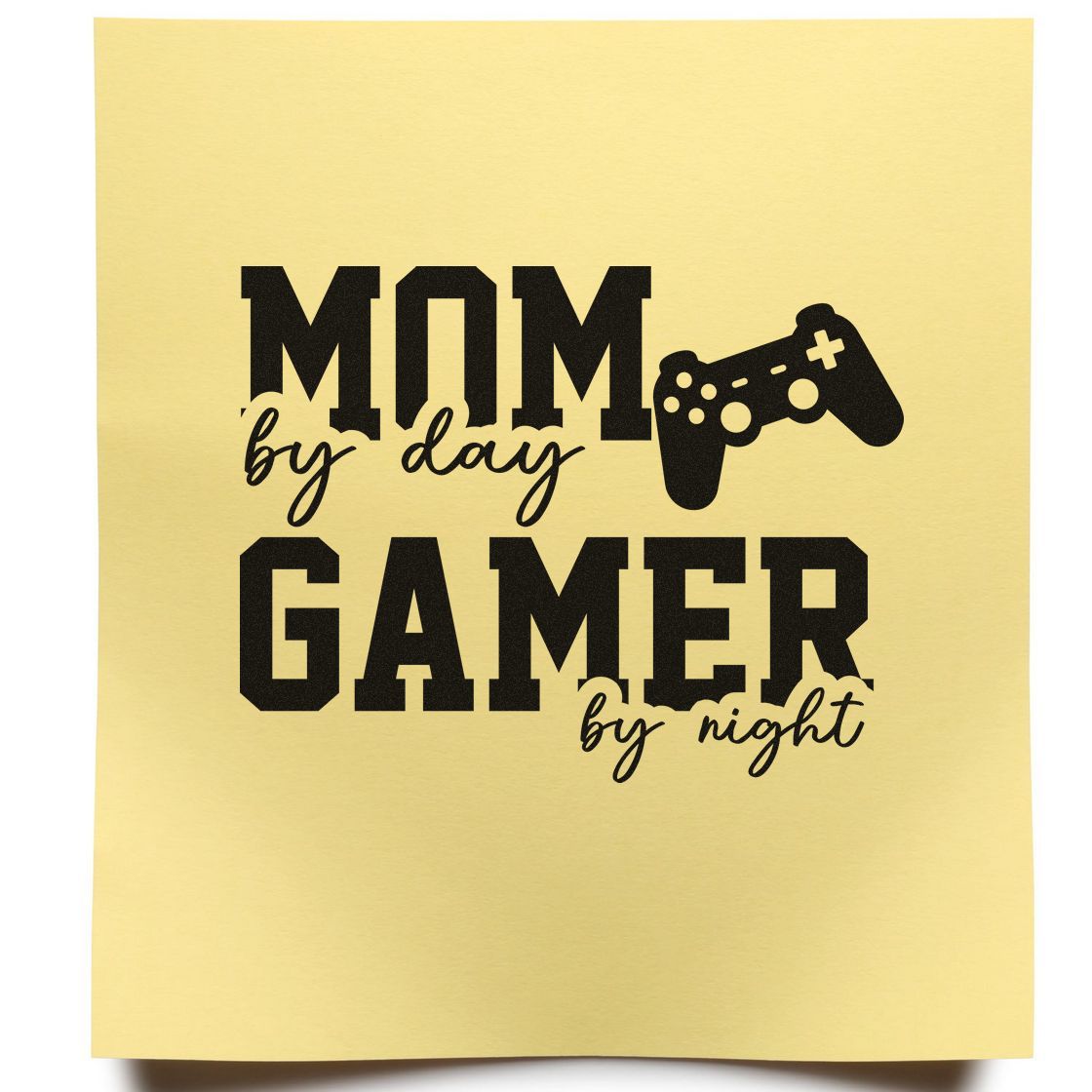 Mom Day Gamer Night Premium Wood-Mounted Stamp - Vintage Pro imprint stamped in blue ink. MOM by day GAMER by night appears beside a game controller.