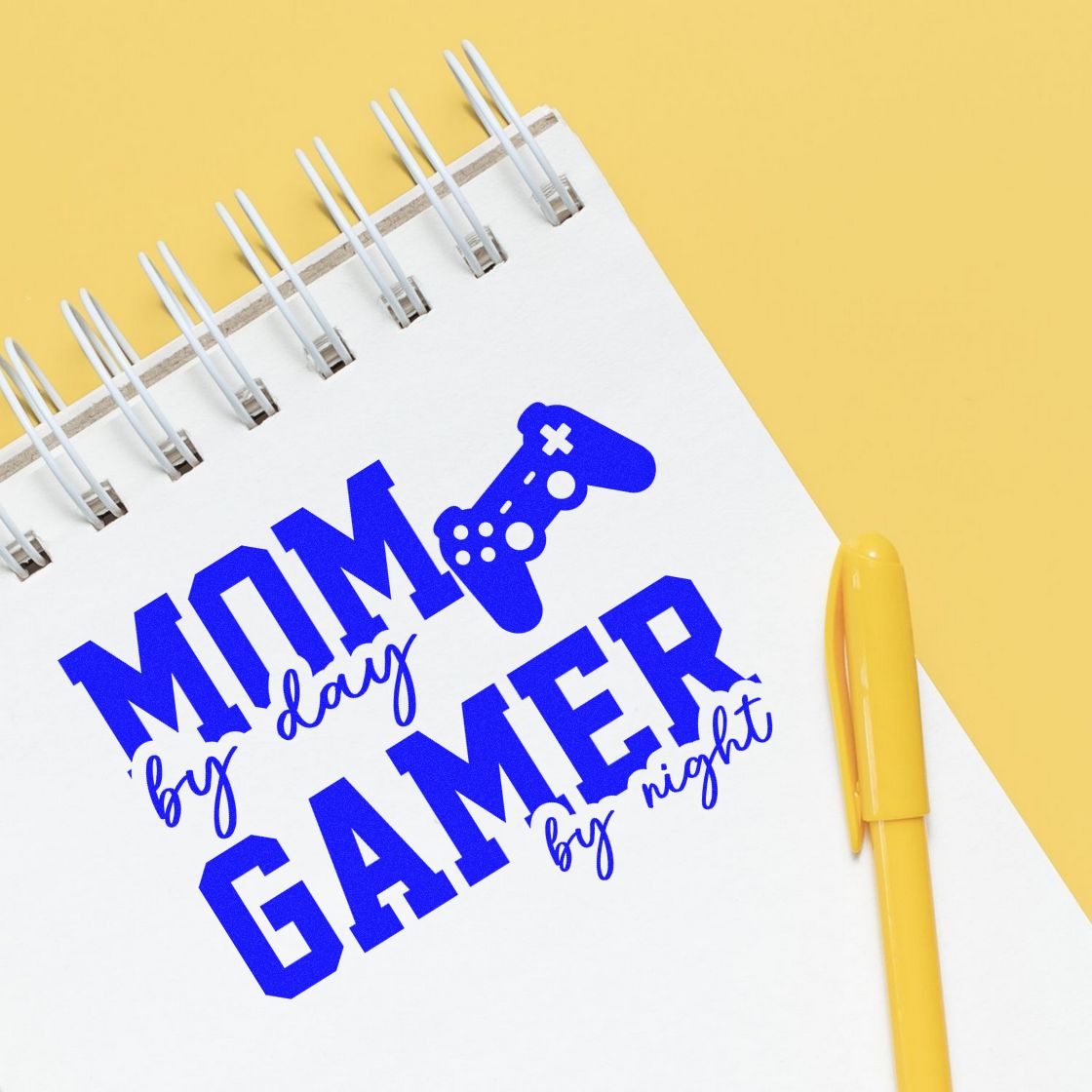 Mom Day Gamer Night rubber stamp shown in blue ink, stamped for projects such as play year album page.