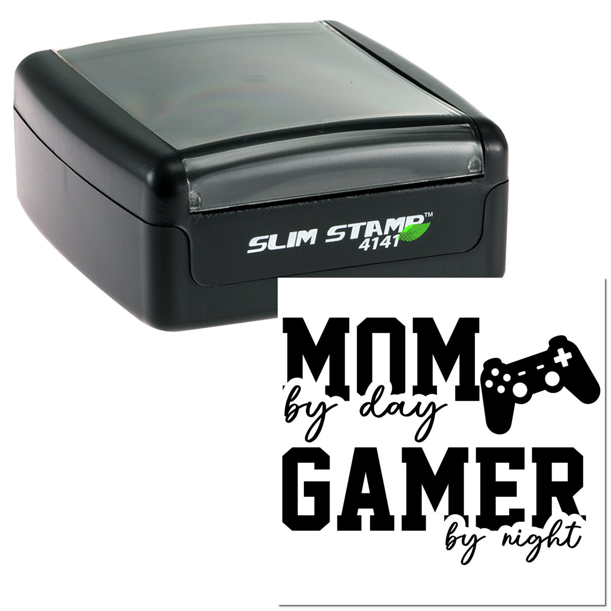 Trodat Slim Mom Gamer By Night craft stamp with pre-inked design, black rubber stamp for creative projects.
