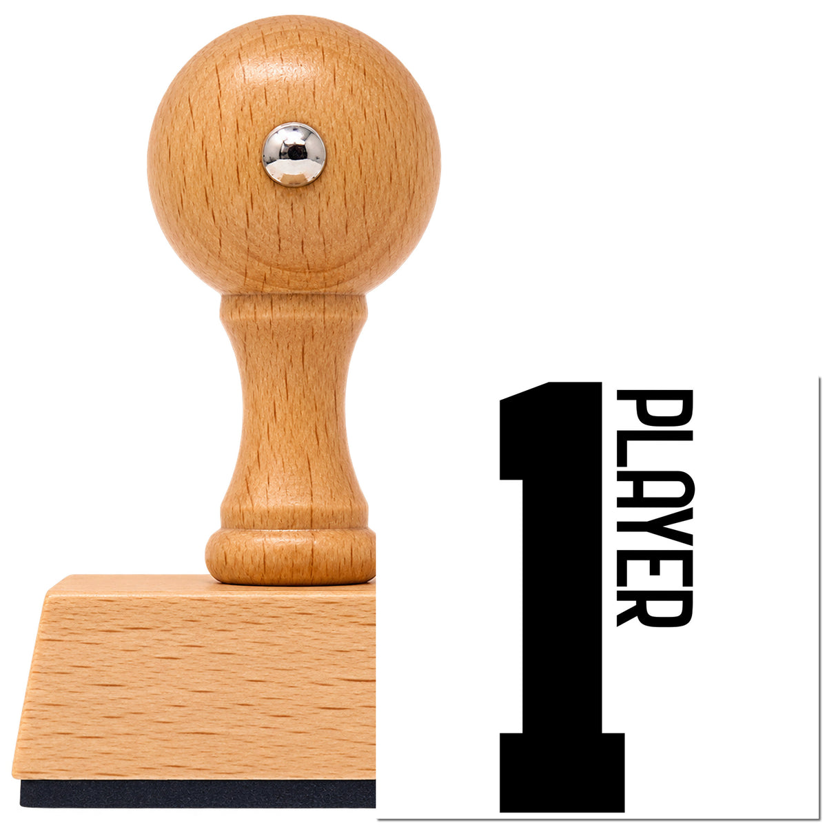 Vintage Pro beech wood stamp with a round knob handle, shown with its black Player One Bold Number Block Lettering imprint on white.