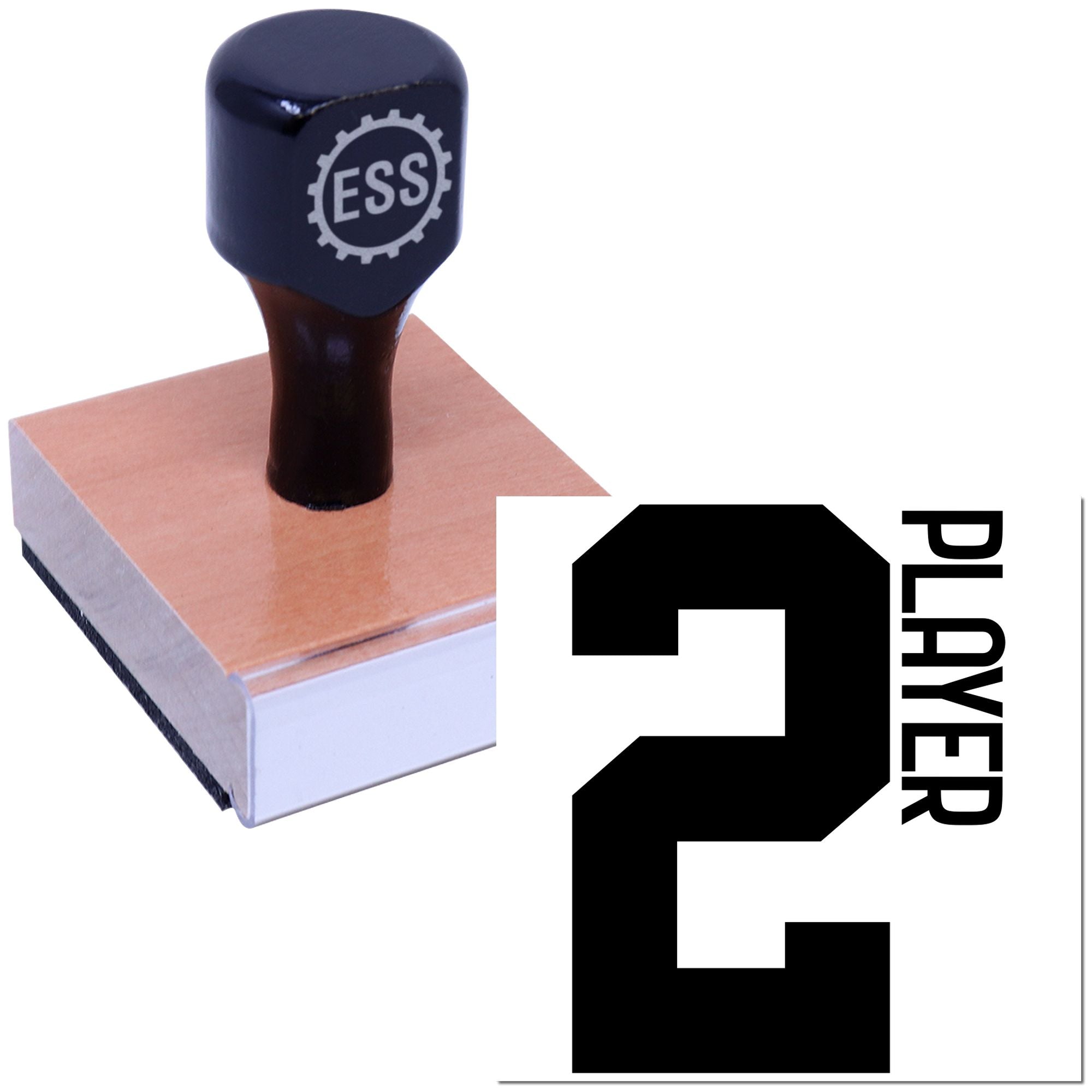 Black ESSI stamp and seal on a copper-colored block with a white background and bold Player 2 text.