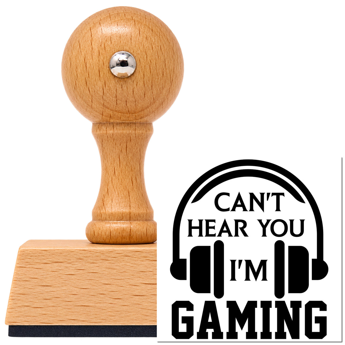 Vintage Pro beech wood stamp with a round knob handle, shown with its black Cannot Hear You Gaming imprint on white.