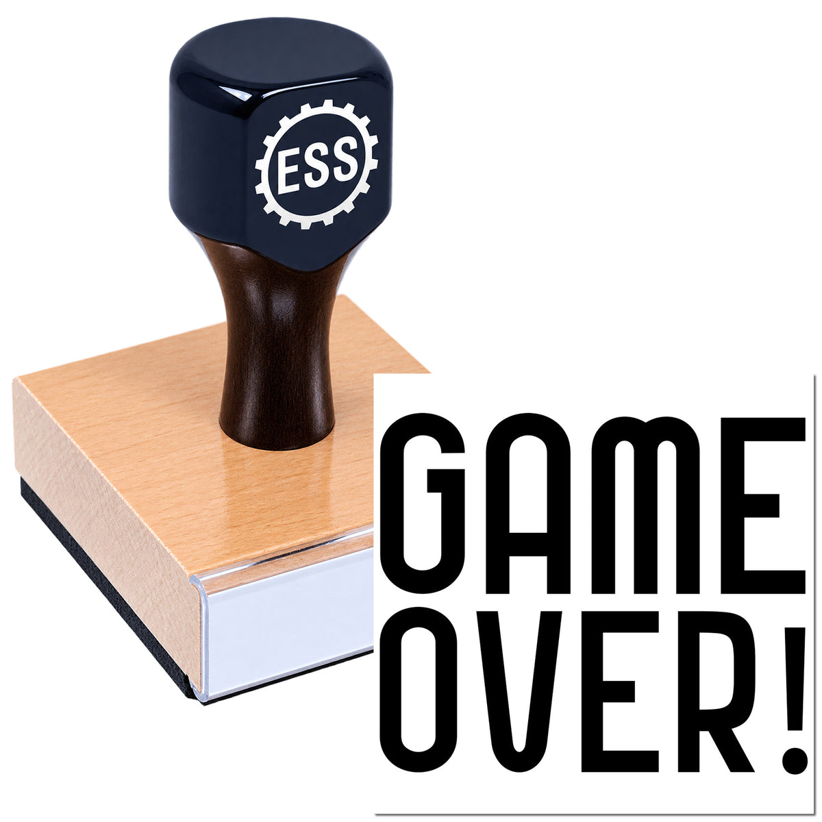 Dark navy ESS self-inking stamp on peach seal pad with bold black "GAME OVER!" text